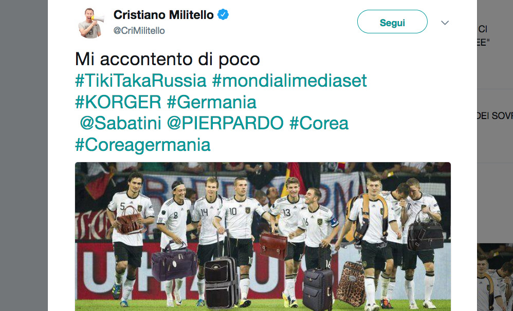militello La Germania è fuori dal mondiale e il web, inevitabilmente, si scatena: tantissimi i post e le foto di sfottò ai “vicini” mai tanto amati tedeschi. Tanti riferimenti alla Corea: quella del Nord a noi italiani ci causò parecchi dolori al mondiale del ’66, ma anche quella del Sud nel 2002 con il famigerato arbitro Moreno che fischiò di tutto e di più a favore degli asiatici. LOW: “MERITIAMO L’ELIMINAZIONE. ECCO DI CHI E’ LA COLPA” “A ciascuno la sua Corea” scrive ironicamente un utente. “Chi di Svezia ferisce, di Svezia perisce” recita un post Facebook, oppure Cristiano Militello, che