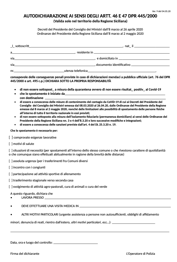 Fase 2, ecco la nuova autocertificazione valida in Sicilia
